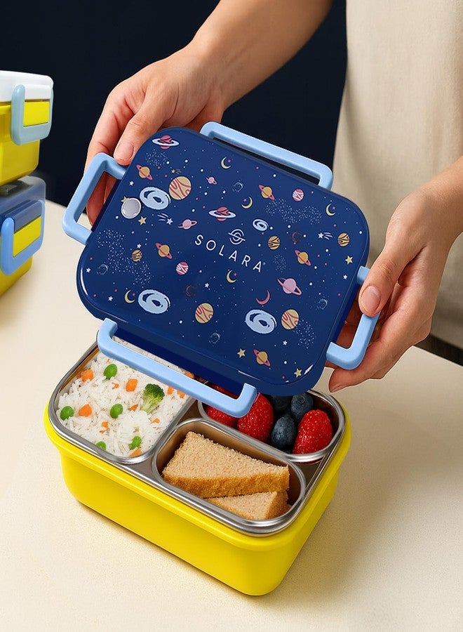 SOLARA Premium Stainless Steel Lunch Box for Kids, with 3 Compartments, Leak Proof, Steel Tiffin Box for School Boys/Girls, BPA-Free & Food Safe, Ideal for Meals & Snacks, Galaxy - Image 1